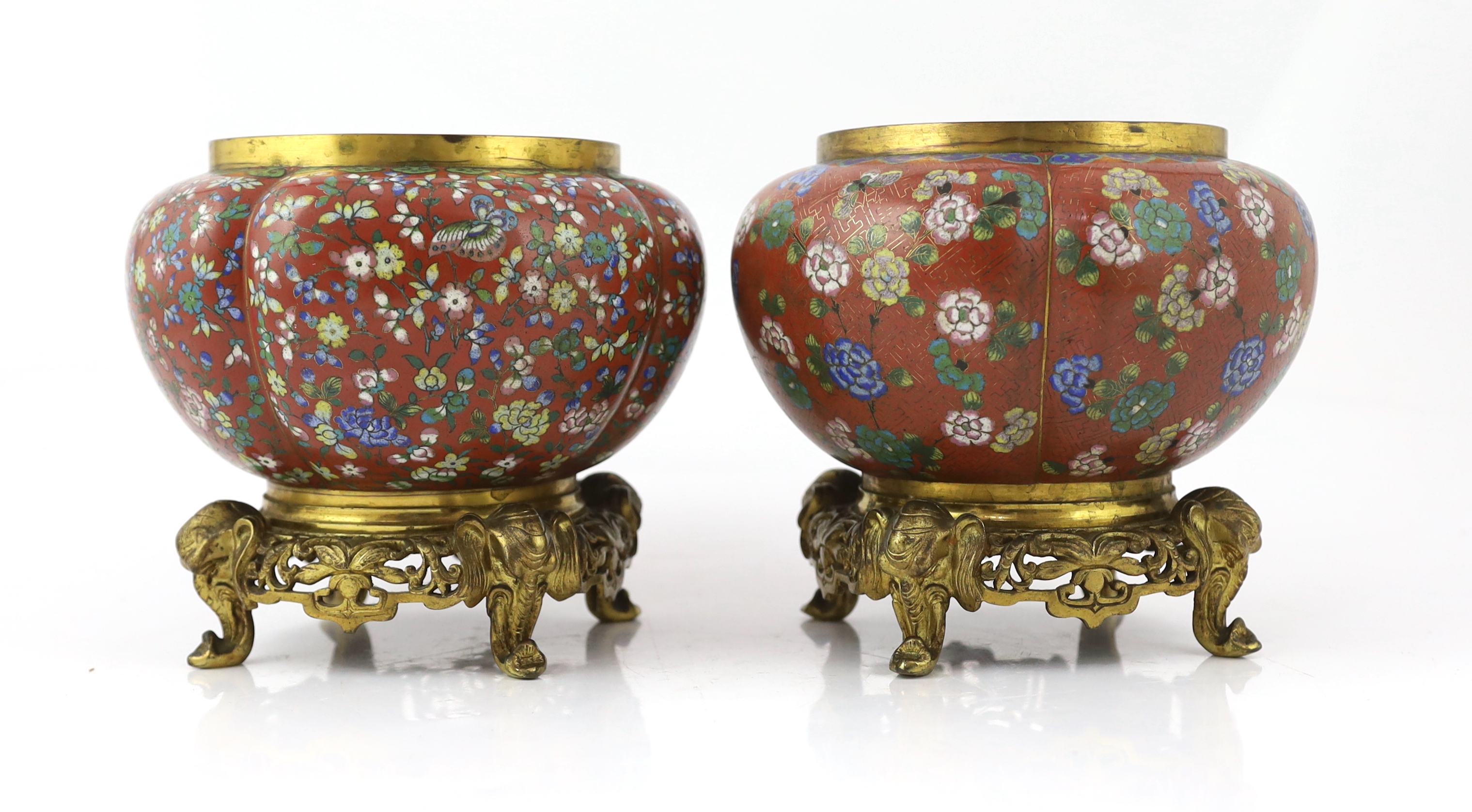 A near pair of Chinese cloisonné enamel and gilt bronze jardinieres, 19th century